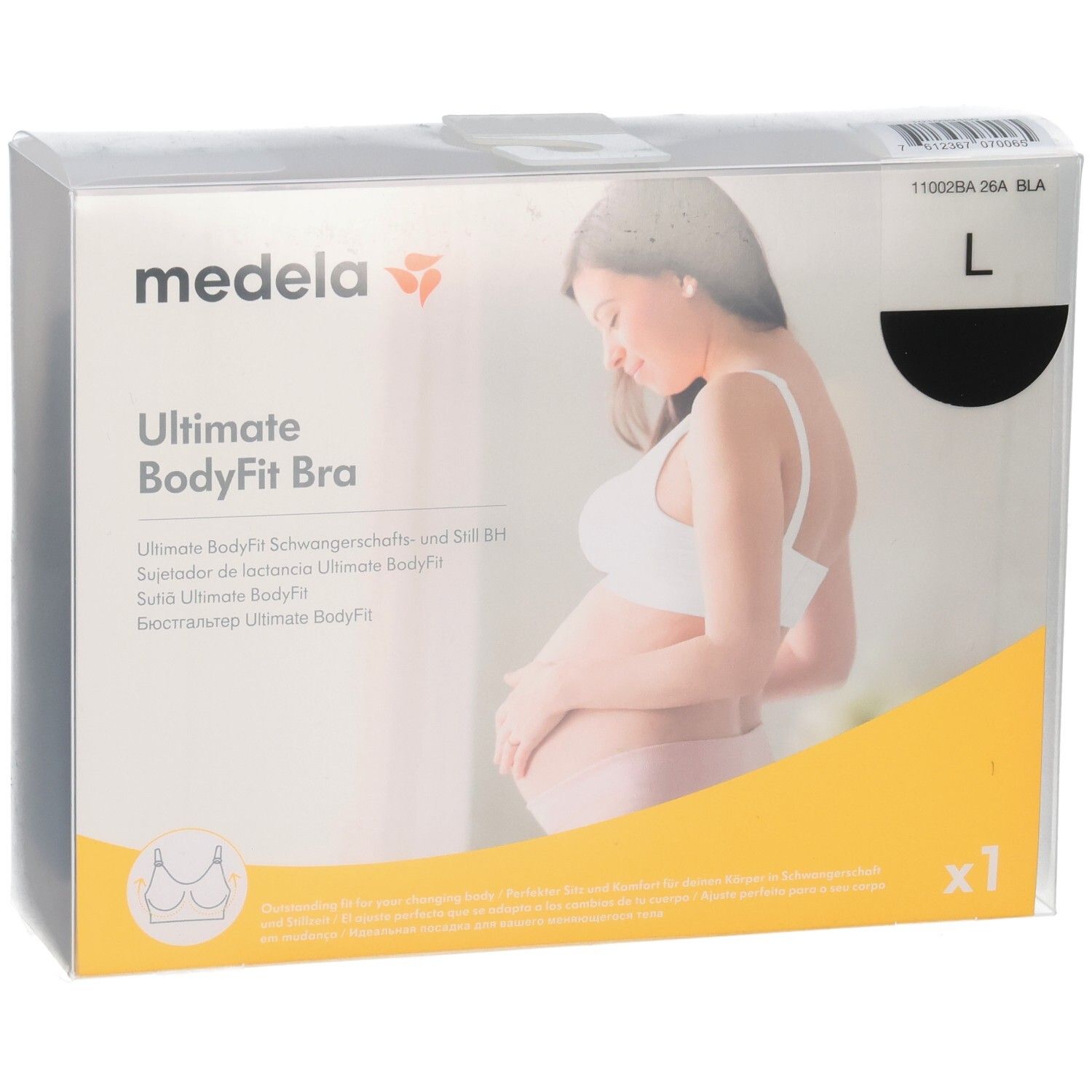 Medela Ultimate BodyFit BH, Größe L, schwarz. Verpackung zeigt schwangere Frau.