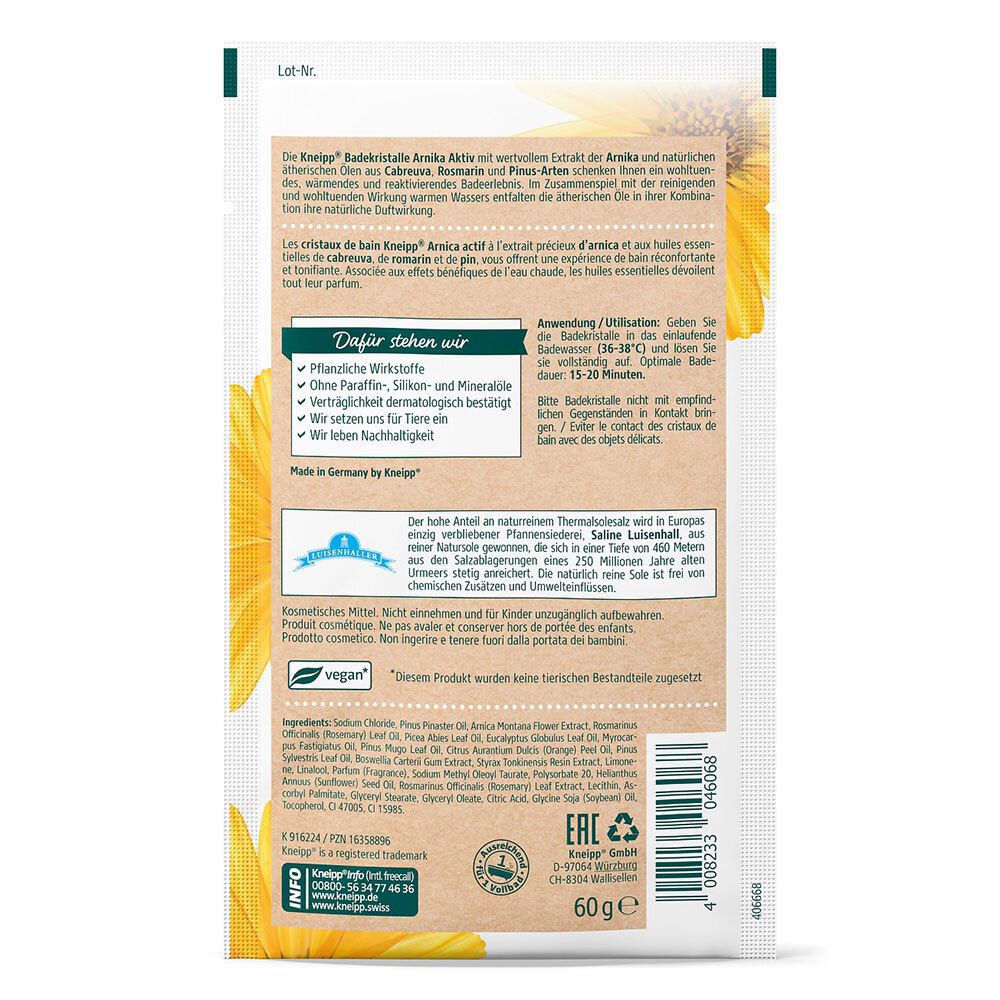 Dos du sachet de cristaux de bain avec texte et ingrédients. Contient des informations sur les ingrédients, l'utilisation et les labels de qualité.