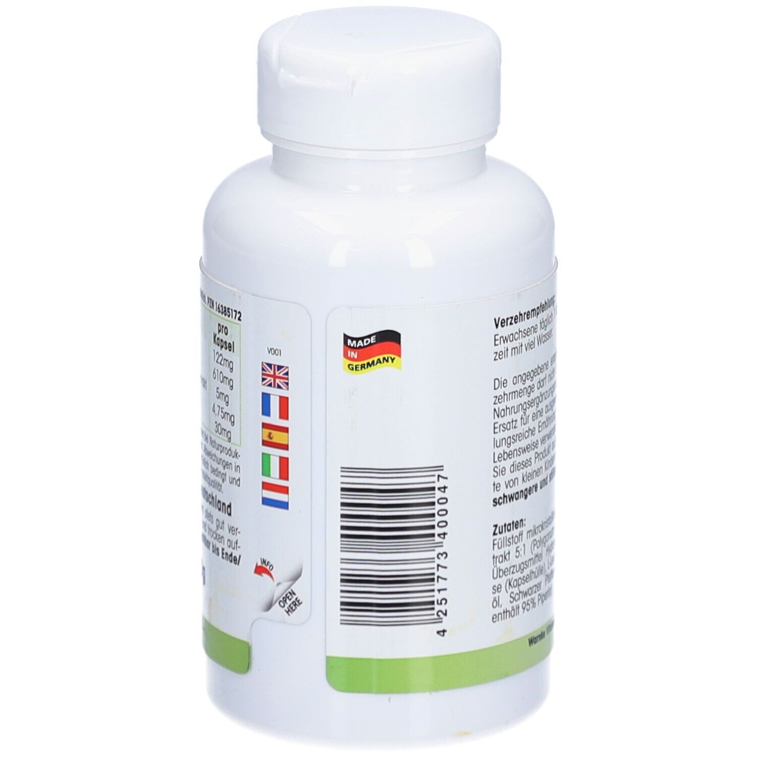 Dos du flacon blanc de Fo-Ti Extrakt mit Bioperine® Kapseln. Code-barres, drapeaux, Fabriqué en Allemagne.