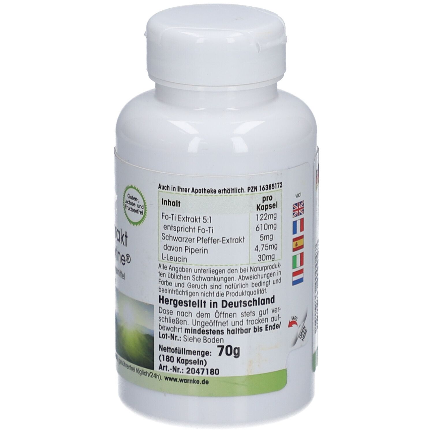 Dos du flacon blanc de Fo-Ti Extrakt mit Bioperine® Kapseln. Ingrédients, code-barres, Fabriqué en Allemagne.