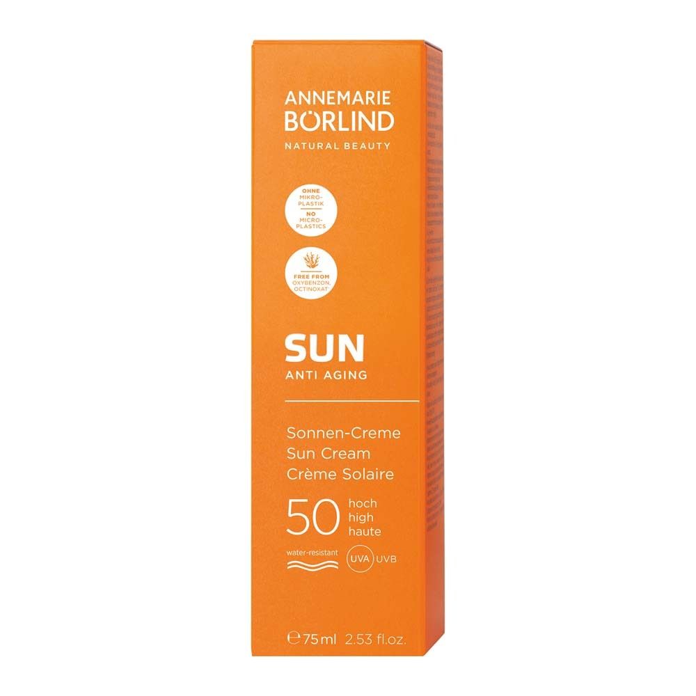 Emballage orange de crème solaire. Texte: ANNEMARIE BÖRLIND SUN Anti-Aging, SPF 50. 75 ml.