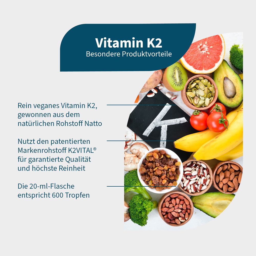 Infographie avec texte et aliments. Contient du texte sur la vitamine K2 et ses avantages.