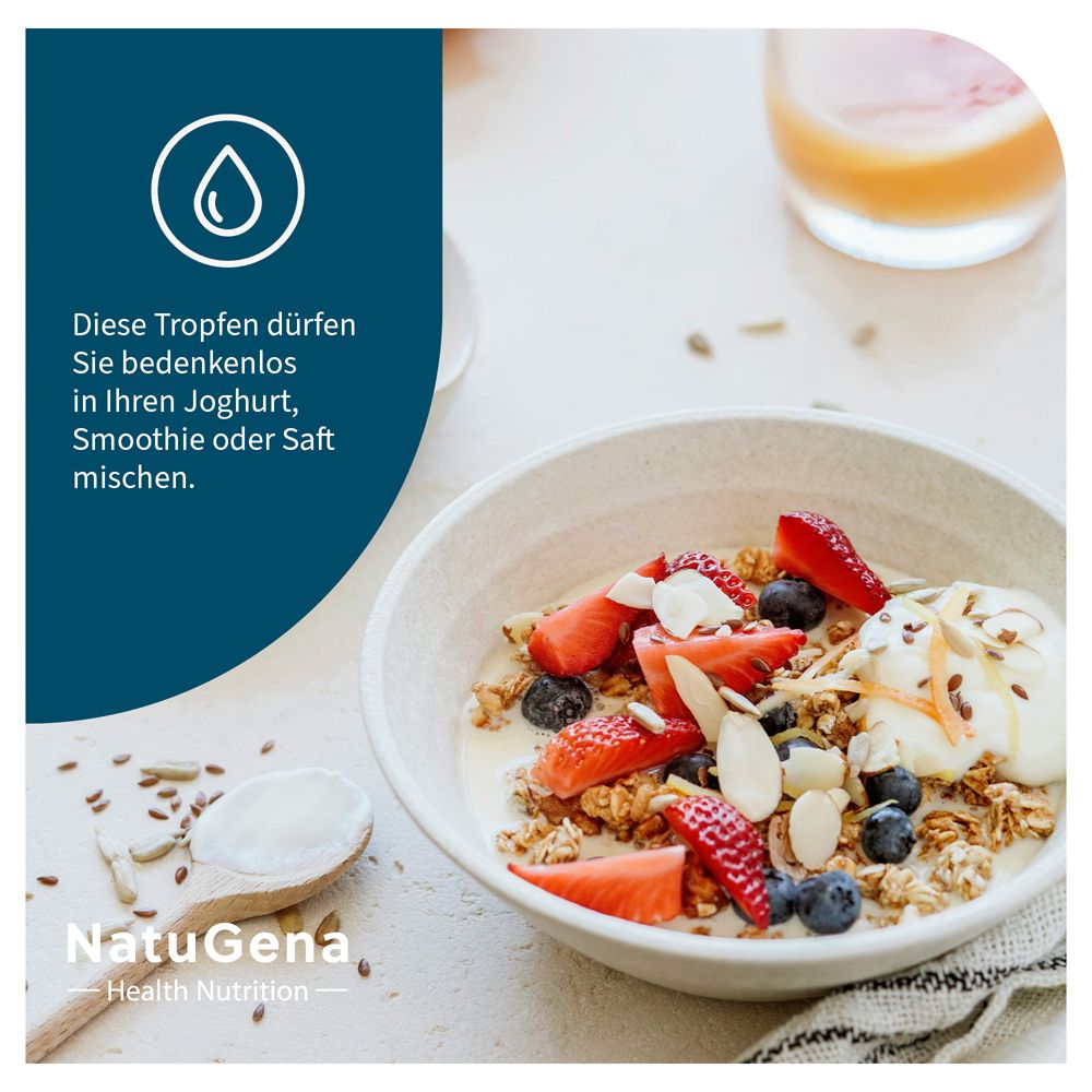 Bol de muesli, fruits et cuillère. Texte : NatuGena Health Nutrition, mélanger les gouttes dans le yaourt.