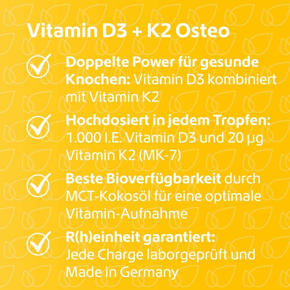 Gelber Hintergrund. Text: Vitamin D3 + K2 Osteo. Doppelte Power für Knochen. Laborgeprüft.