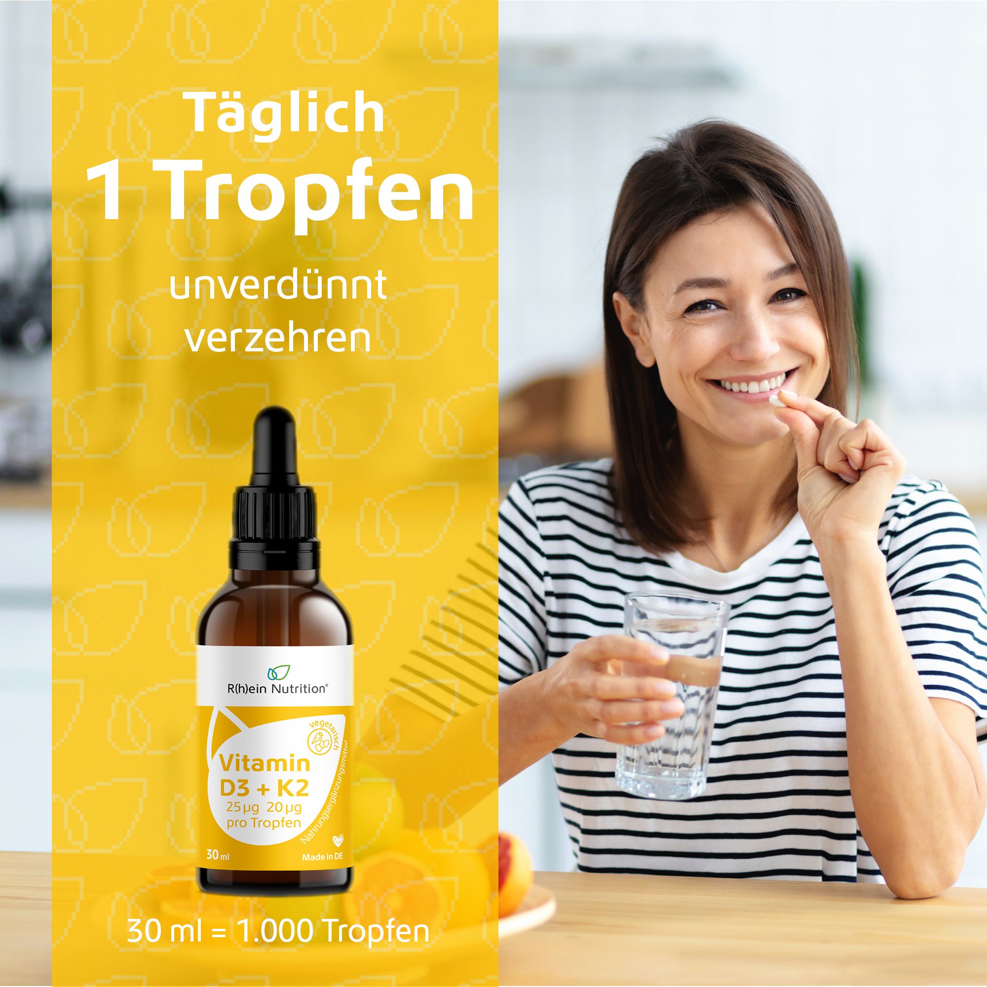 Frau nimmt Tropfen. Flasche Vitamin D3 + K2. Text: Täglich 1 Tropfen.