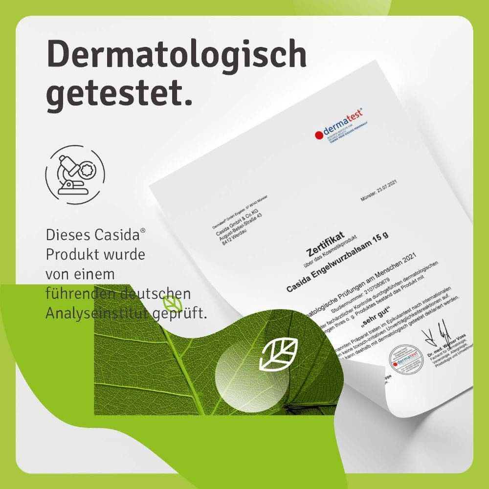 Certificat de Dermatest. Casida® Engelwurzbalsam 15 g. Certificat d'examens dermatologiques sur l'homme.