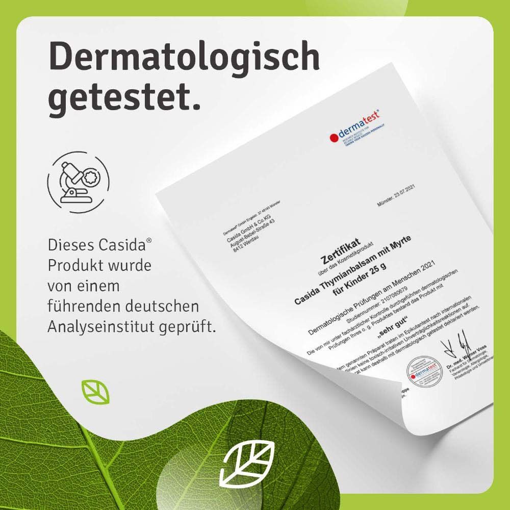 Certificat de Dermatest. Casida® Thymianbalsam Myrte pour enfants 25 g. Certificat d'examens dermatologiques.