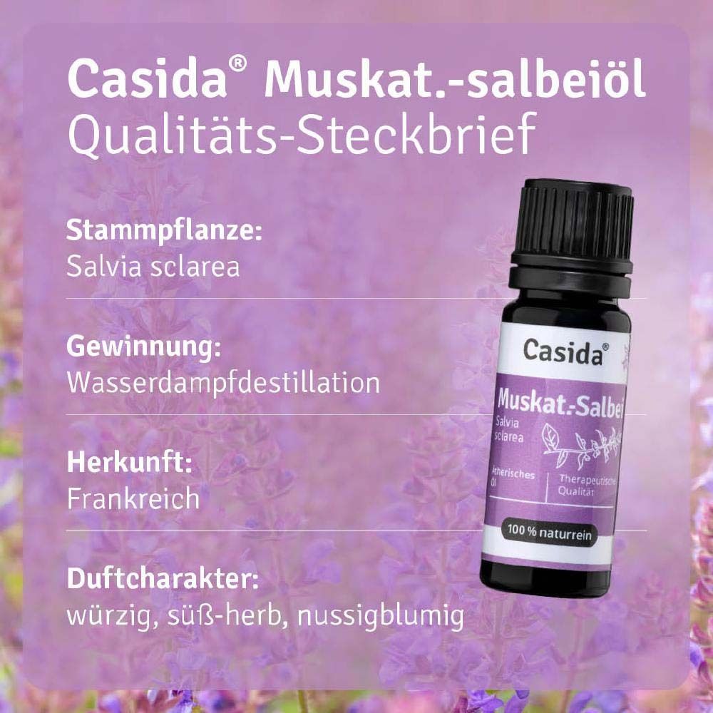 Produktflasche neben Text. Informationen zu Herkunft, Gewinnung und Duftcharakter. Floral gestalteter Hintergrund.