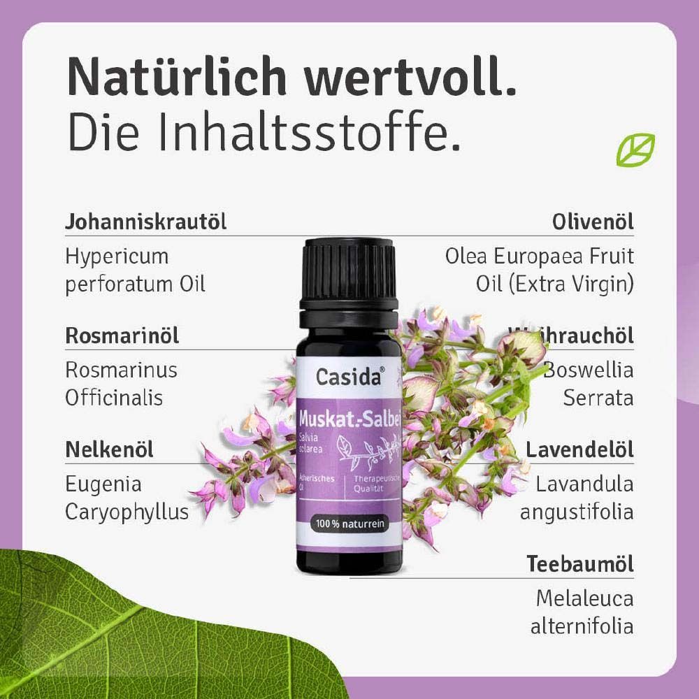 Produktflasche neben Text. Auflistung von Inhaltsstoffen wie Johanniskrautöl, Rosmarinöl, Olivenöl, etc. Floral gestaltet.
