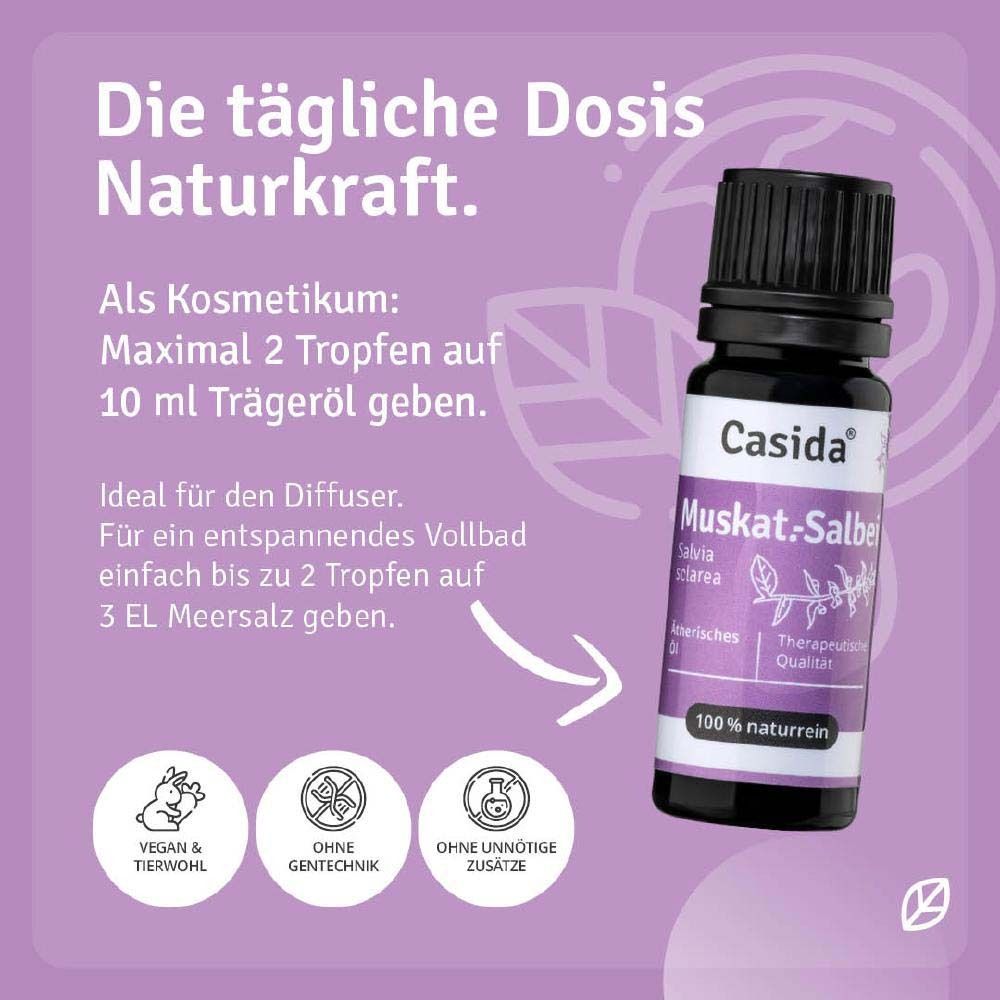 Produktflasche neben Text. Anwendungshinweise: maximal 2 Tropfen auf 10 ml Trägeröl. Vegan und ohne Gentechnik.