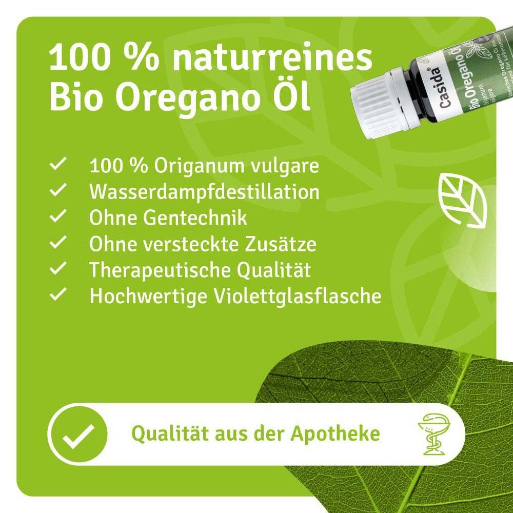 Flacon de produit sur fond vert. 100 % huile d'origan bio naturelle. Qualité pharmaceutique.