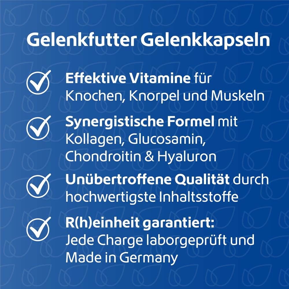Texte sur fond bleu: Vitamines efficaces pour les os, le cartilage et les muscles. Fabriqué en Allemagne. R(h)einheit garanti.