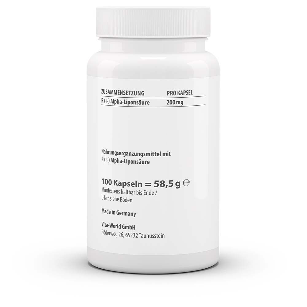 Rückseite der weißen Flasche. Aufschrift: Zusammensetzung, R(+) Alpha-Liponsäure 200 mg, 100 Kapseln, 58,5 g.