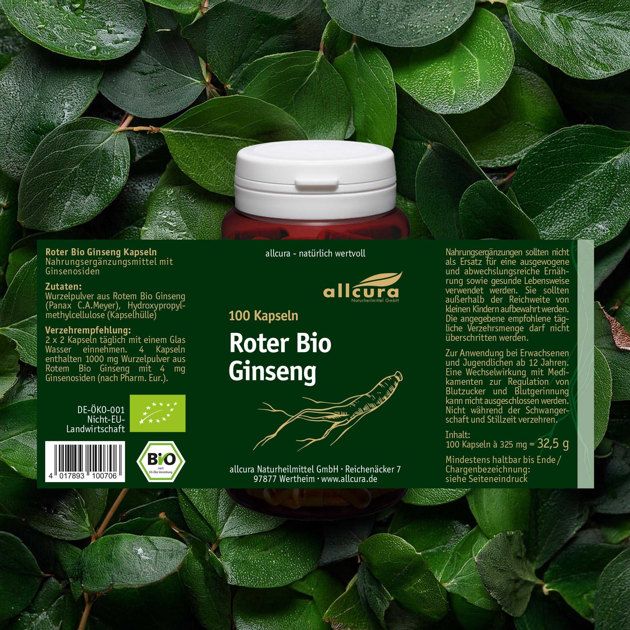 Flacon marron avec couvercle blanc. Contient 100 gélules de Ginseng Bio Rouge. Logo allcura. Feuilles en arrière-plan.