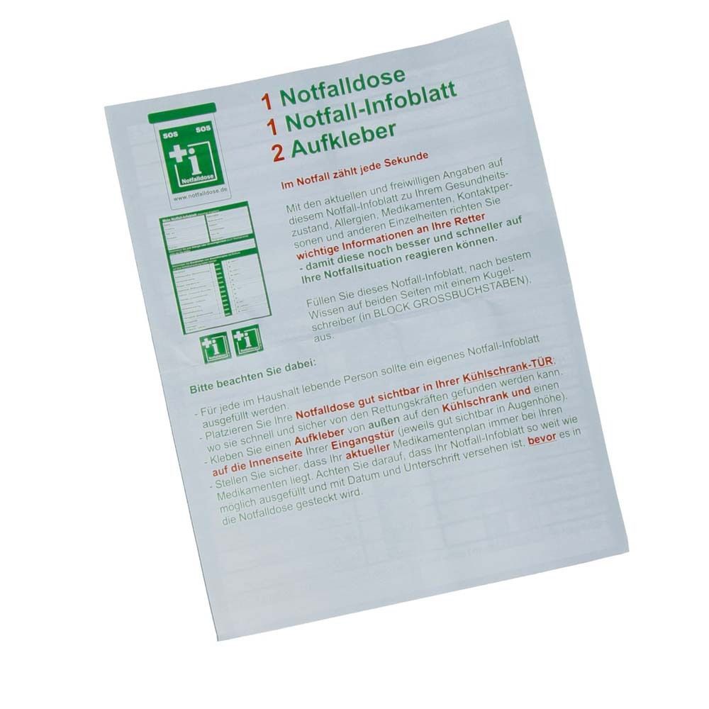 Feuille avec texte et symboles. Titre : 1 Notfalldose, 2 autocollants. Texte en allemand.