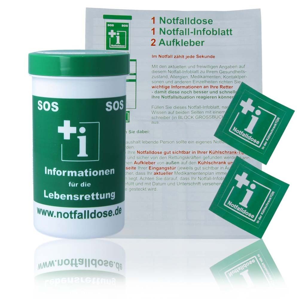 Notfalldose, feuille d'information et deux autocollants. Boîte blanche et verte, autocollants verts. Texte en allemand.