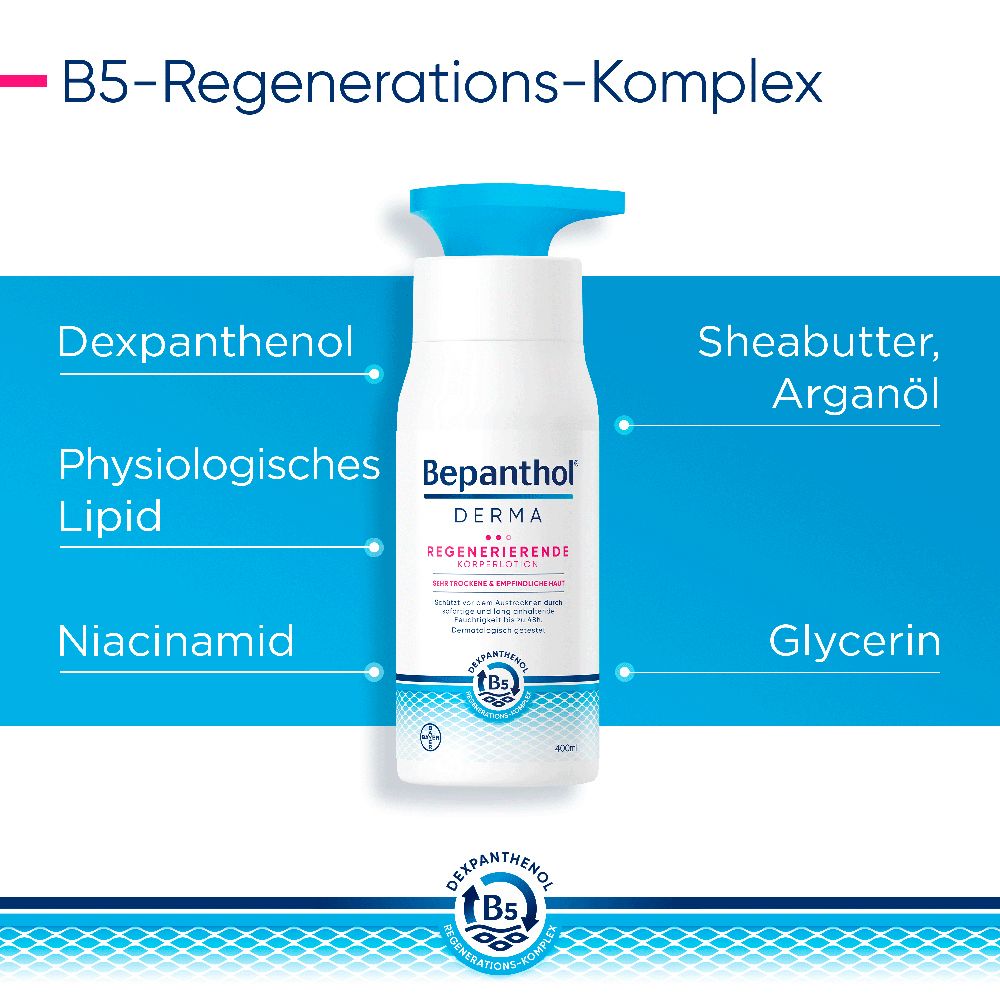 Bepanthol® DERMA Regenerierende Körperlotion, Köperpflege für empfindliche und sehr trockene Haut, dermatologisch getestete Feuchtigkeitscreme mit Dexpanthenol