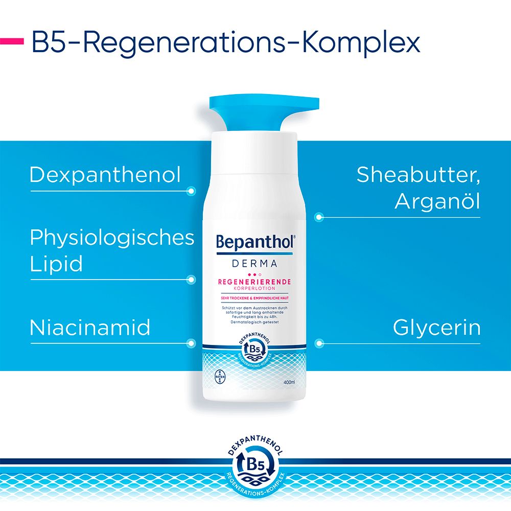 Bepanthol® DERMA Regenerierende Körperlotion, Köperpflege für empfindliche und sehr trockene Haut, dermatologisch getestete Feuchtigkeitscreme mit Dexpanthenol