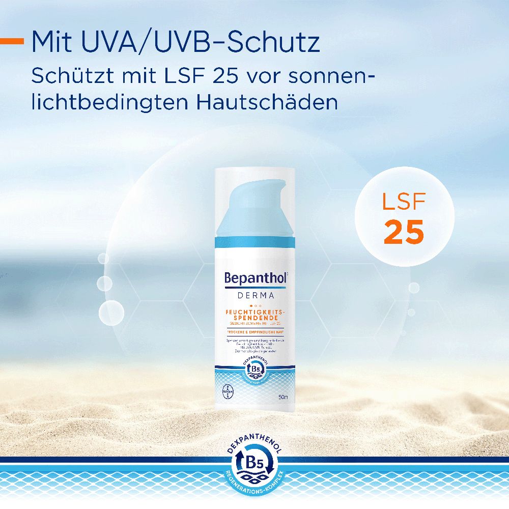 Bepanthol® DERMA Feuchtigkeitsspendende Gesichtscreme mit LSF 25, Gesichtspflege für empfindliche und trockene Haut, dermatologisch getestete Feuchtigkeitscreme mit Dexpanthenol