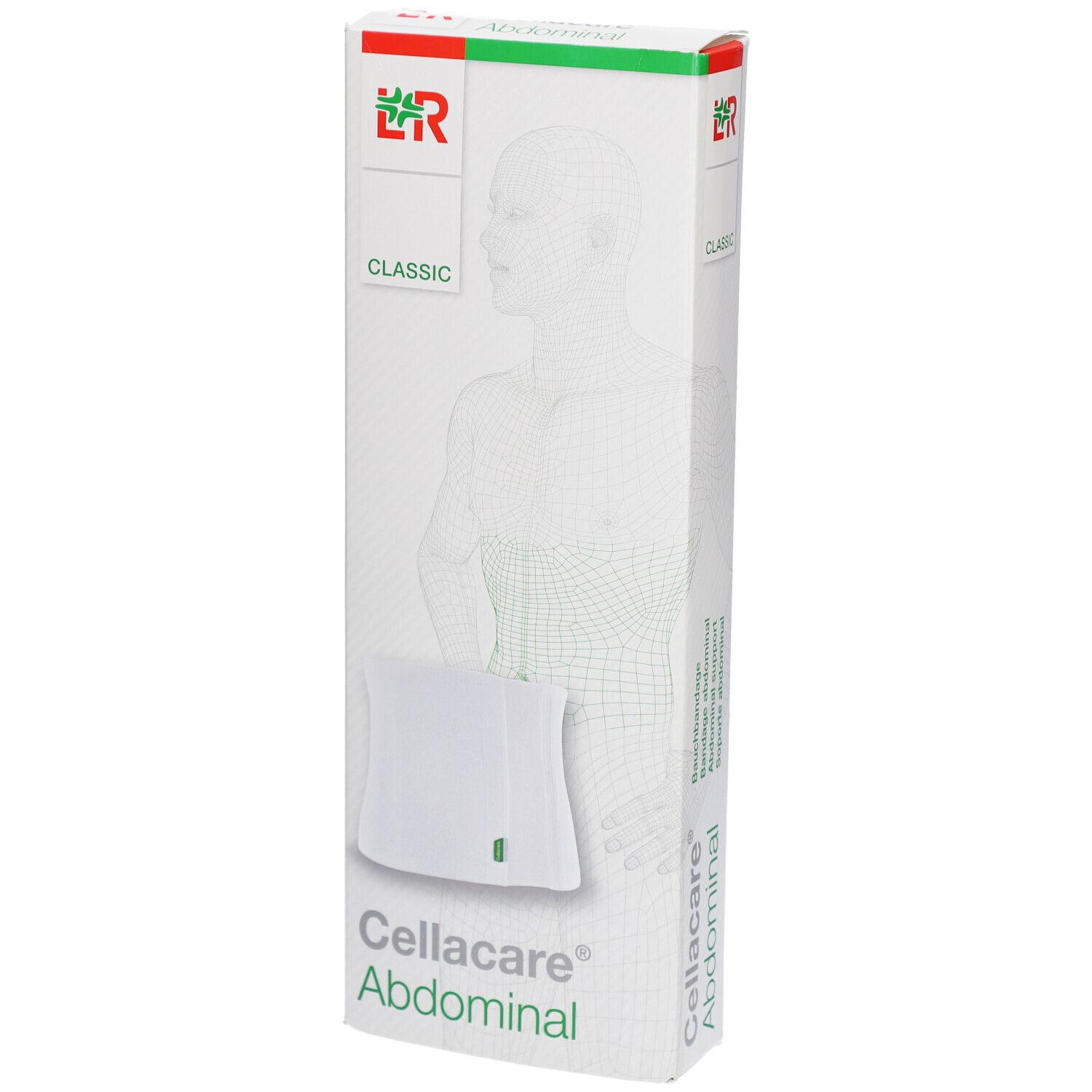 Cellacare Abdominal Classic, taille 1, en emballage. Produit blanc, accents verts. Logo LR.