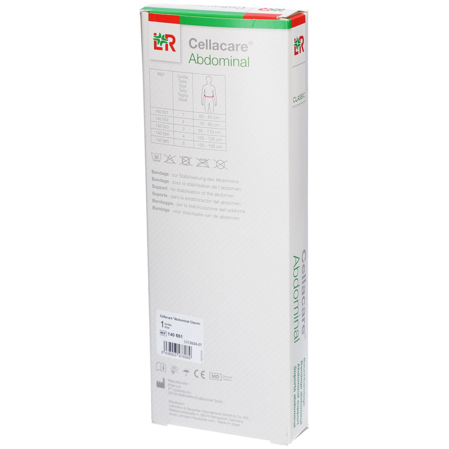 Dos de l'emballage Cellacare Abdominal Classic. Informations de taille, logos, informations produit.
