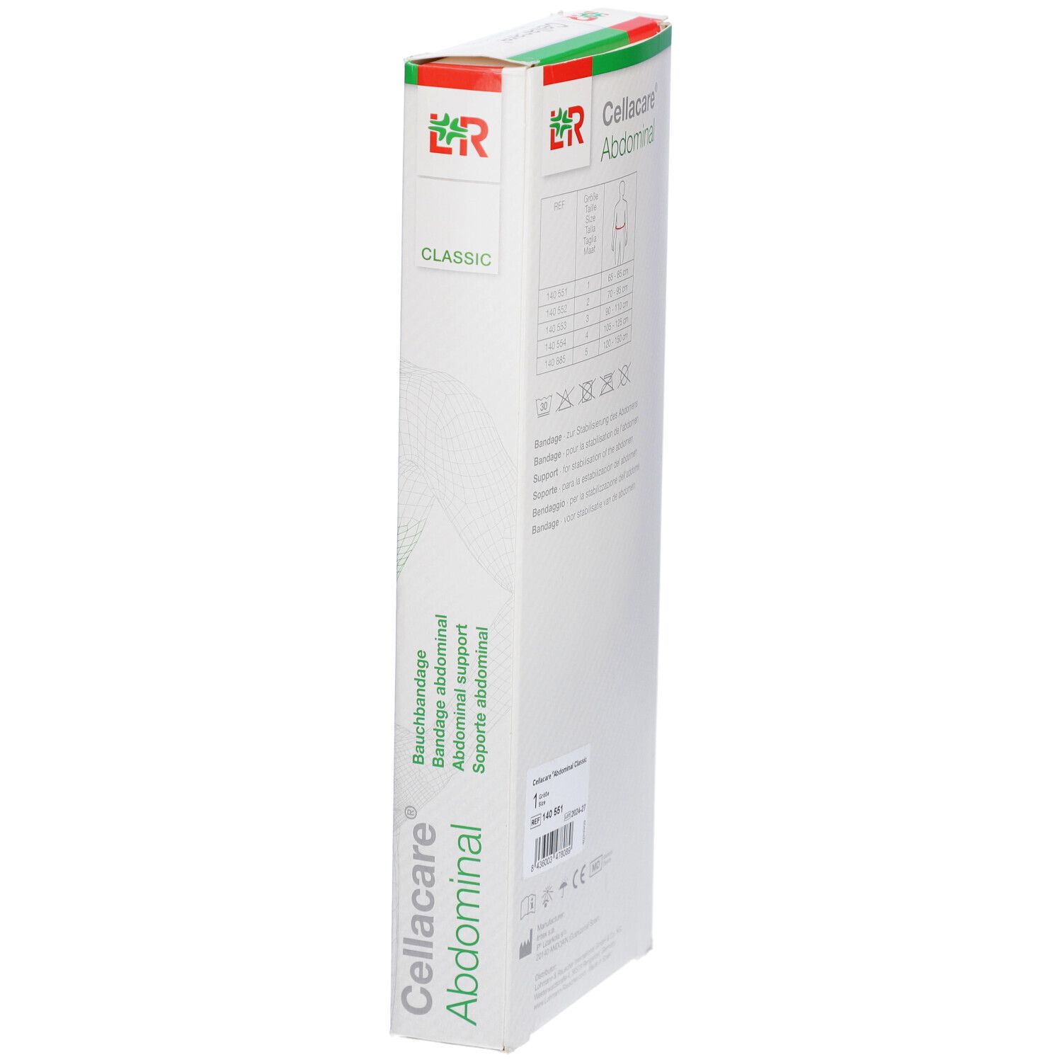 Cellacare Abdominal Classic, taille 1, en emballage. Produit blanc, détails verts. Logo LR.