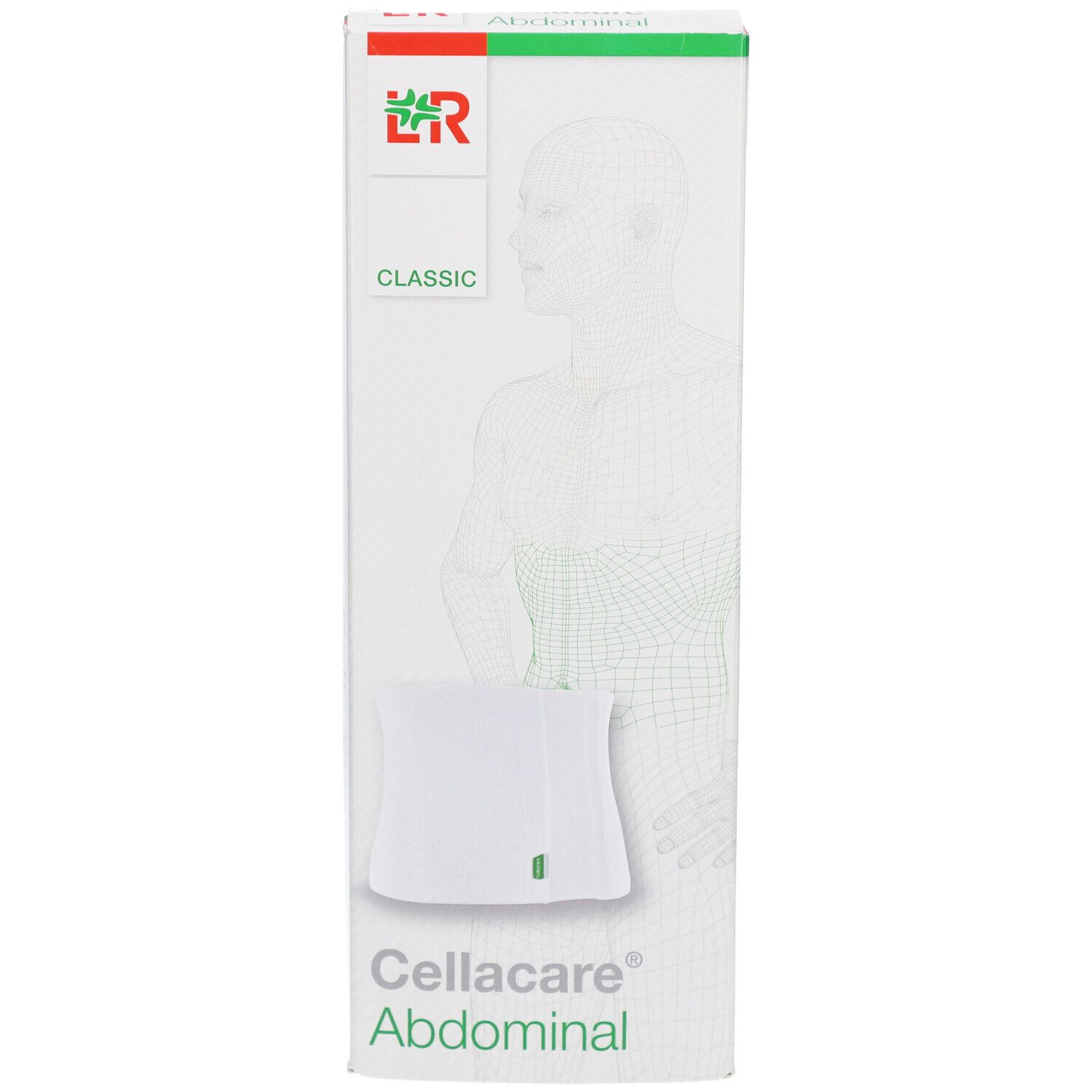 Cellacare Abdominal Classic, taille 1, en emballage. Produit blanc, détails verts. Logo LR.