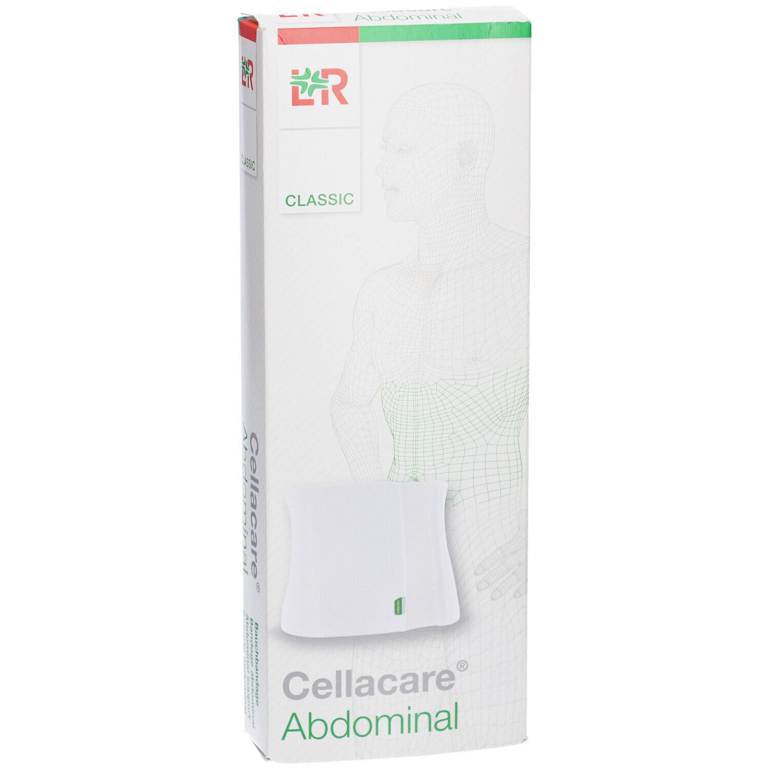 Cellacare Abdominal Classic, taille 1, en emballage. Produit blanc, détails verts. Logo LR.