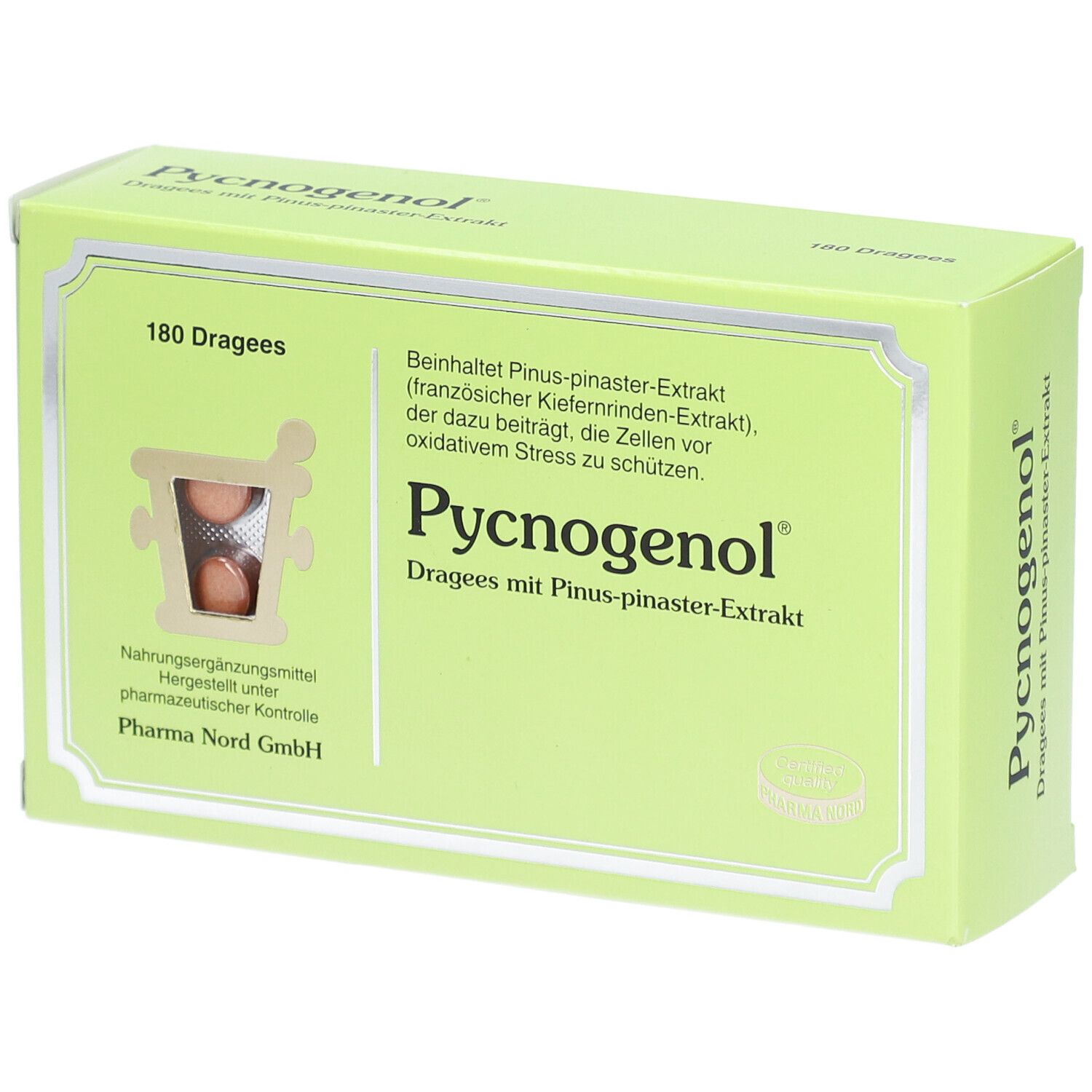 Hellgrüne Schachtel mit Pycnogenol®-Dragees. Sichtfenster zeigt Tabletten. Text: 180 Dragees, Pharma Nord GmbH.