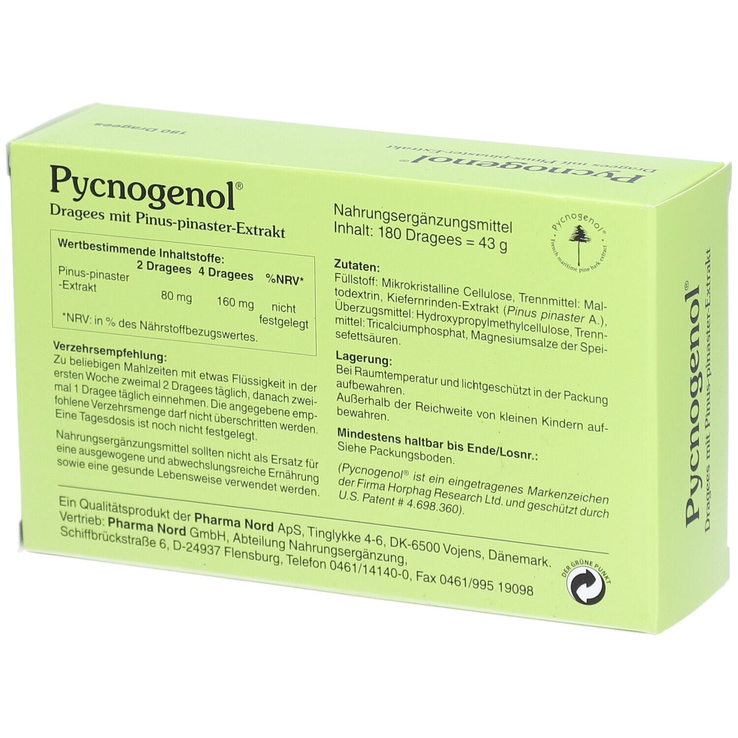Rückseite einer hellgrünen Pycnogenol®-Schachtel. Text: Inhaltsstoffe, Dosierung, Lagerung, Mindesthaltbarkeit, Pharma Nord.