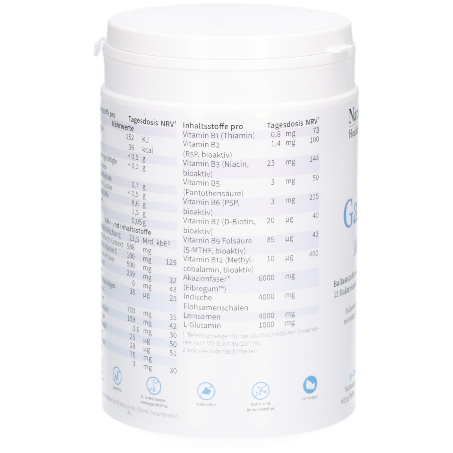 Arrière de la boîte NatuGena GaSta Aktiv Poudre avec tableau nutritionnel détaillé et ingrédients.
