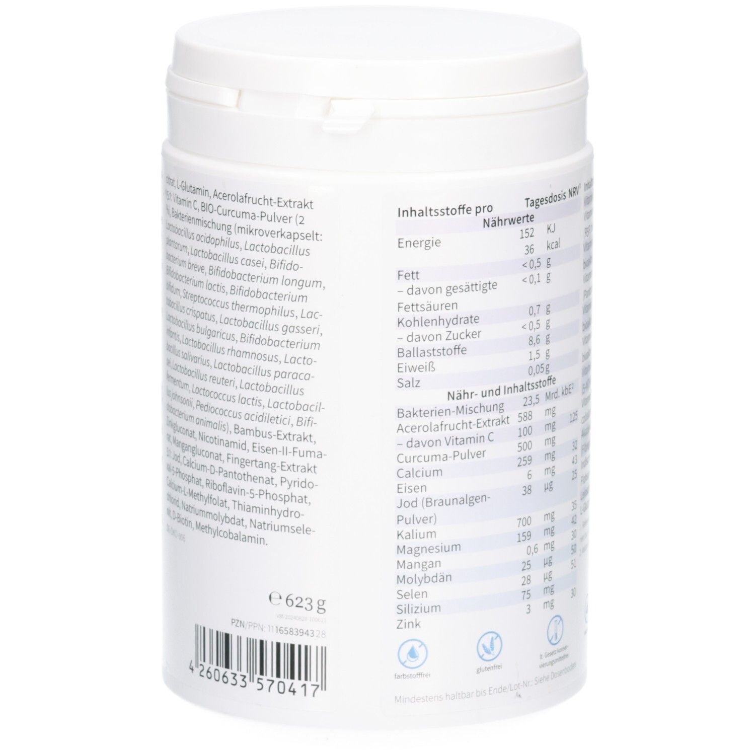 Vue latérale de la boîte NatuGena GaSta Aktiv Poudre avec indication de poids (623g) et code-barres.