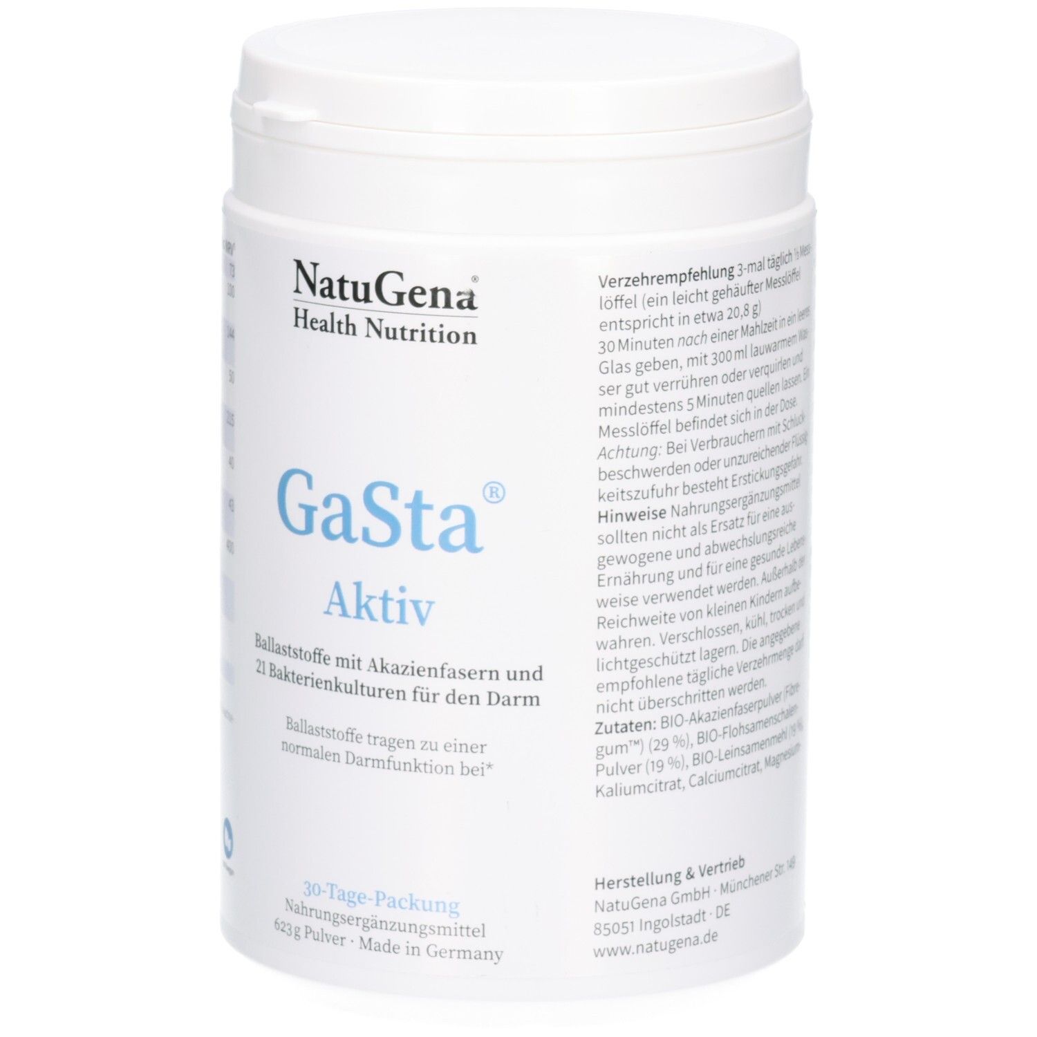 Avant de la boîte NatuGena GaSta Aktiv Poudre avec instructions d'utilisation et informations du fabricant.