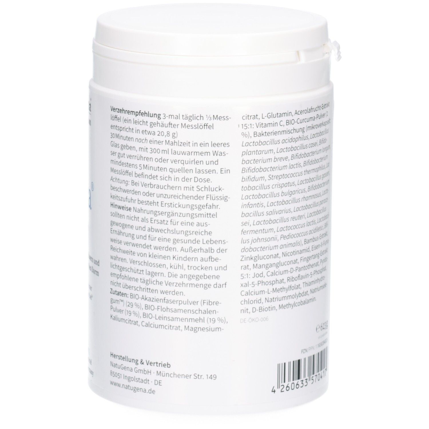 Arrière de la boîte NatuGena GaSta Aktiv Poudre avec instructions d'utilisation détaillées et ingrédients.