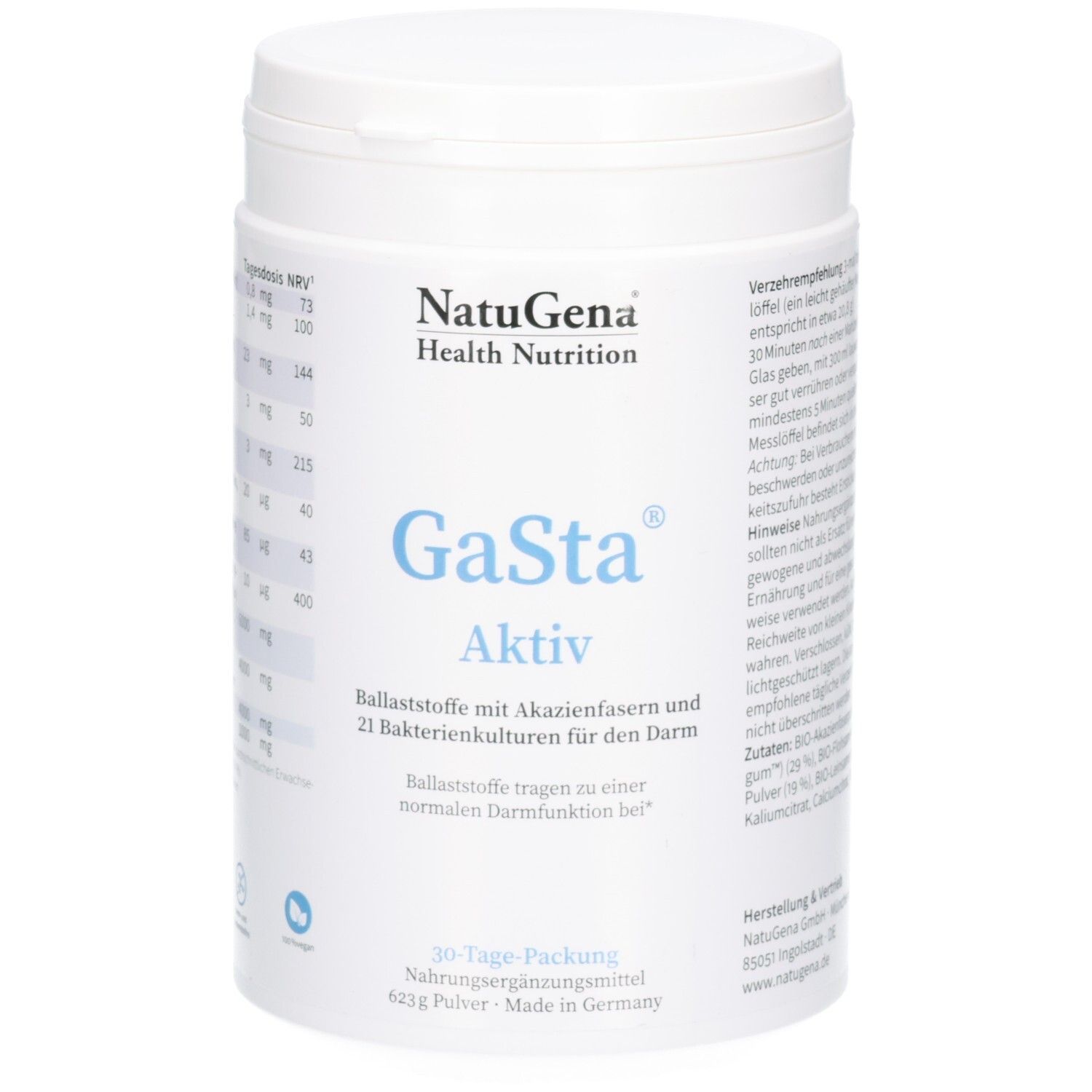 Boîte NatuGena GaSta Aktiv Poudre, emballage 30 jours. Contient des fibres et 21 cultures bactériennes pour l'intestin.