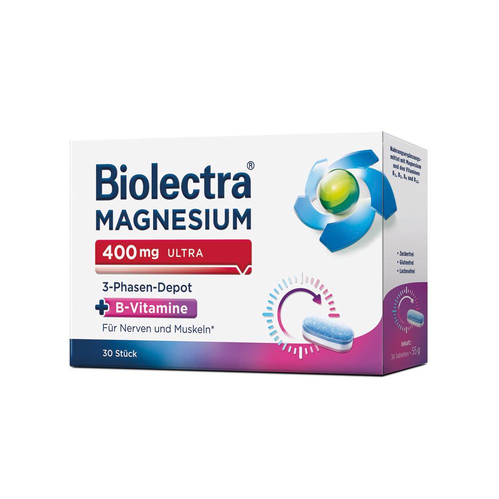 Biolectra Magnesium 400 mg Ultra-Packung. Enthält 30 Tabletten. Mit Magnesium und B-Vitaminen. 3-Phasen-Depot.
