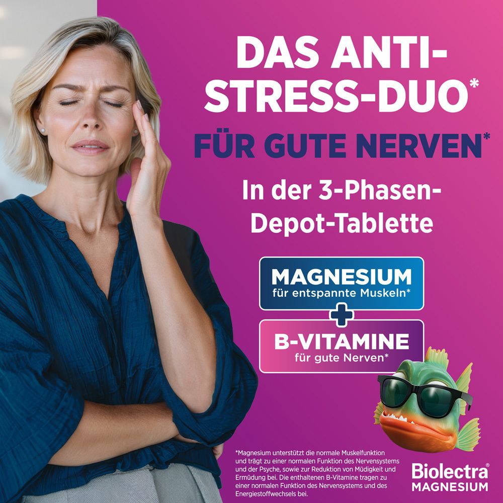 Frau lächelt. Text: Das Anti-Stress-Duo. Magnesium für entspannte Muskeln + B-Vitamine für starke Nerven.