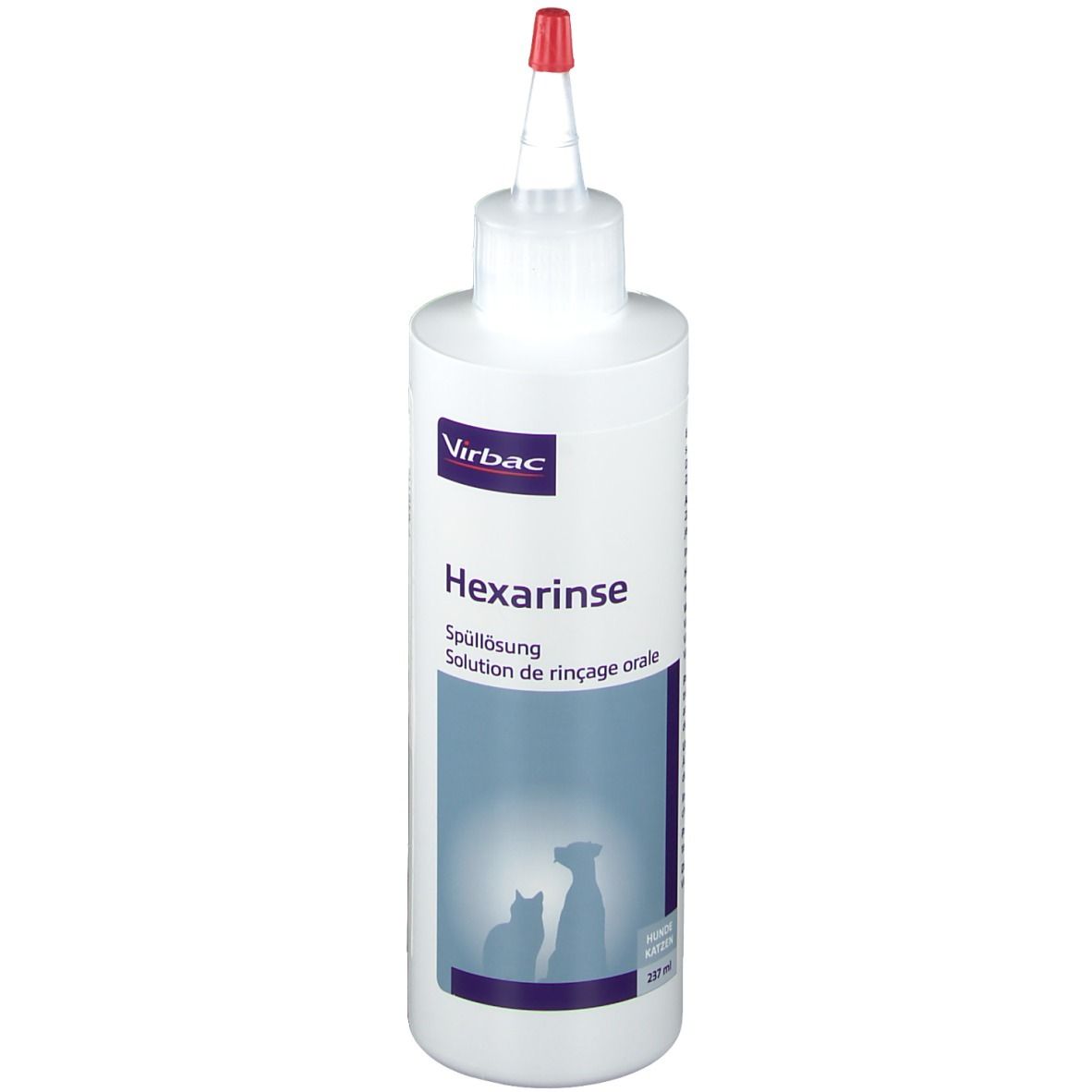 Weiße Flasche mit roter Spitze. Aufschrift: Virbac, Hexarinse, Spüllösung, Solution de rinçage orale. Abbildung von Katze und Hund.