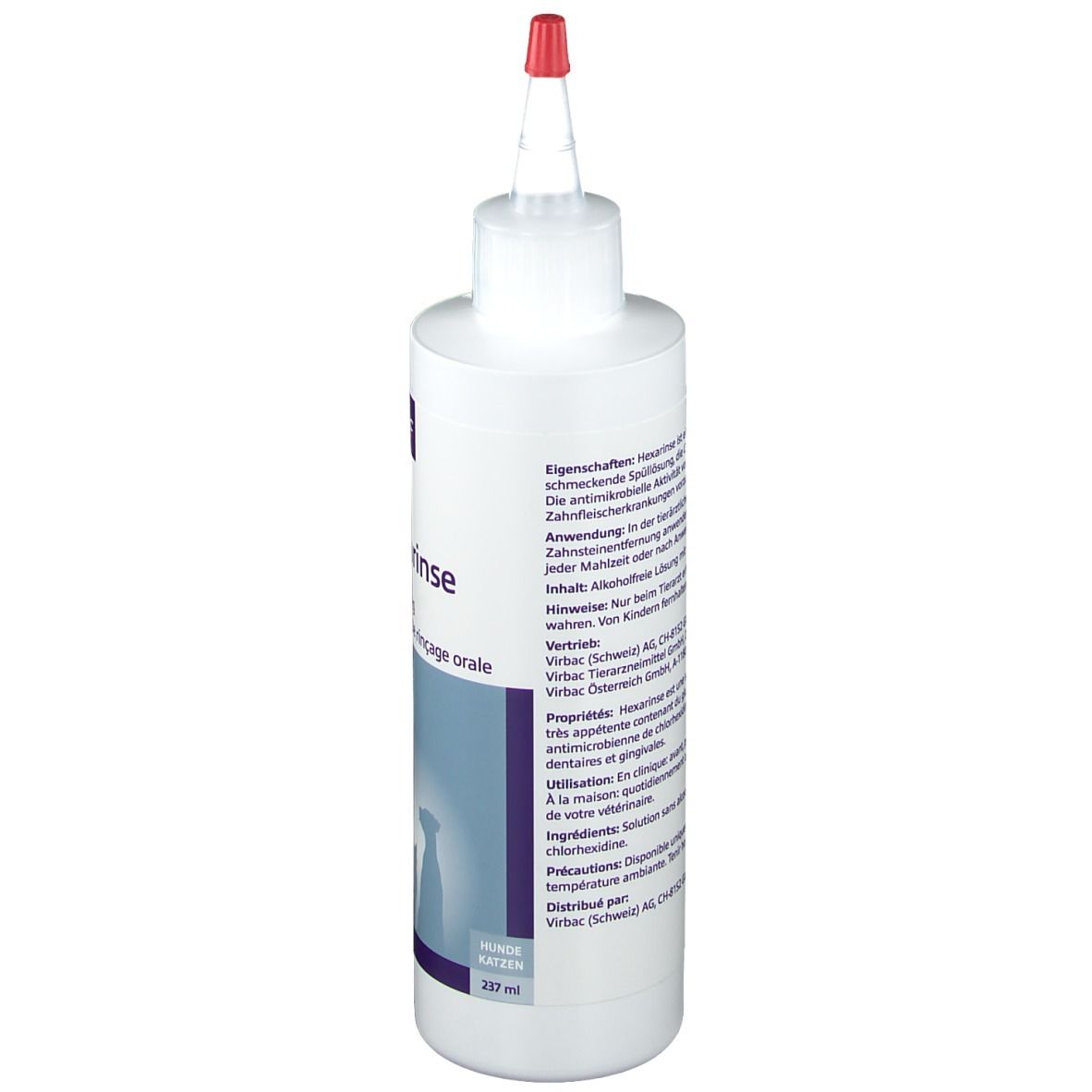 Weiße Flasche mit roter Spitze. Aufschrift: Virbac, Hexarinse, Spüllösung, Solution de rinçage orale. Text auf der Rückseite.
