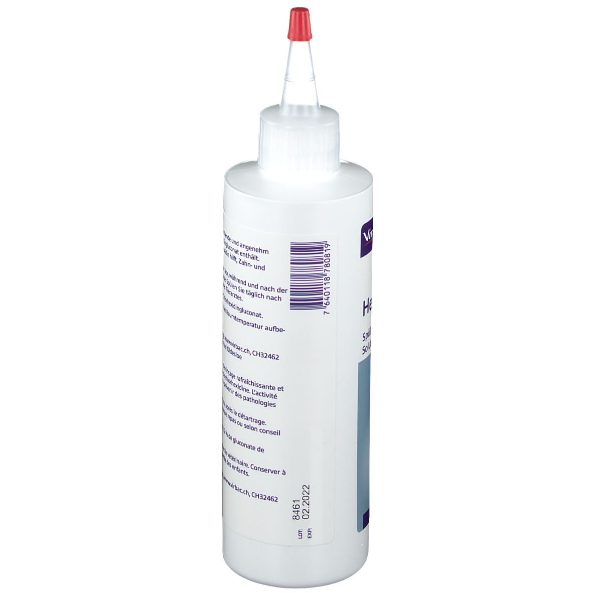 Weiße Flasche mit roter Spitze. Aufschrift: Hexarinse, Spüllösung, Solution de rinçage orale. Rückseite mit Text und Barcode.