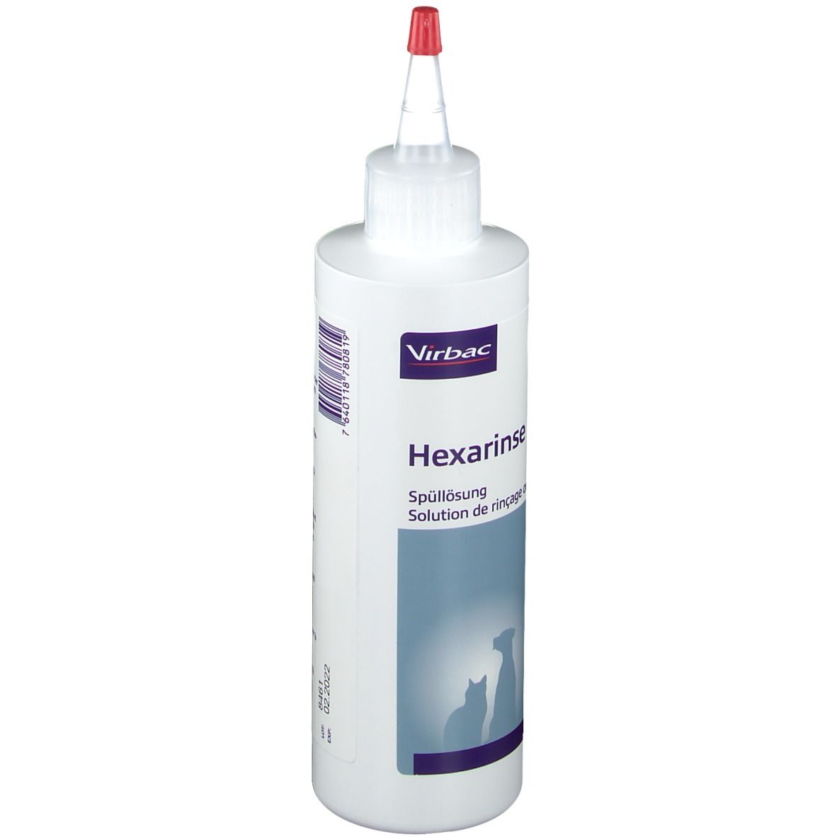 Weiße Flasche mit roter Spitze. Aufschrift: Virbac, Hexarinse, Spüllösung, Solution de rinçage orale. Abbildung von Katze und Hund.