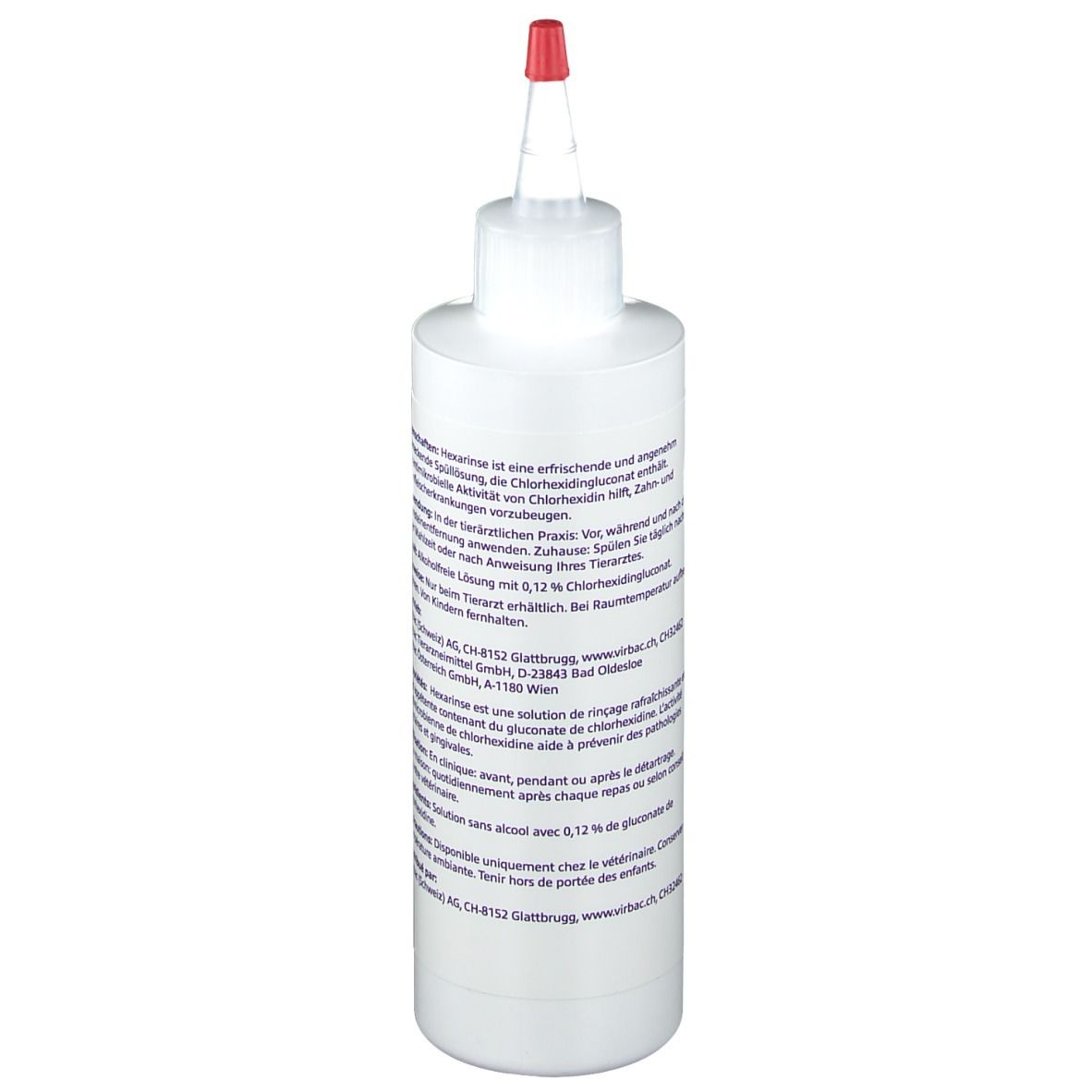 Weiße Flasche mit roter Spitze. Aufschrift: Hexarinse, Spüllösung, Solution de rinçage orale. Text auf der Rückseite.