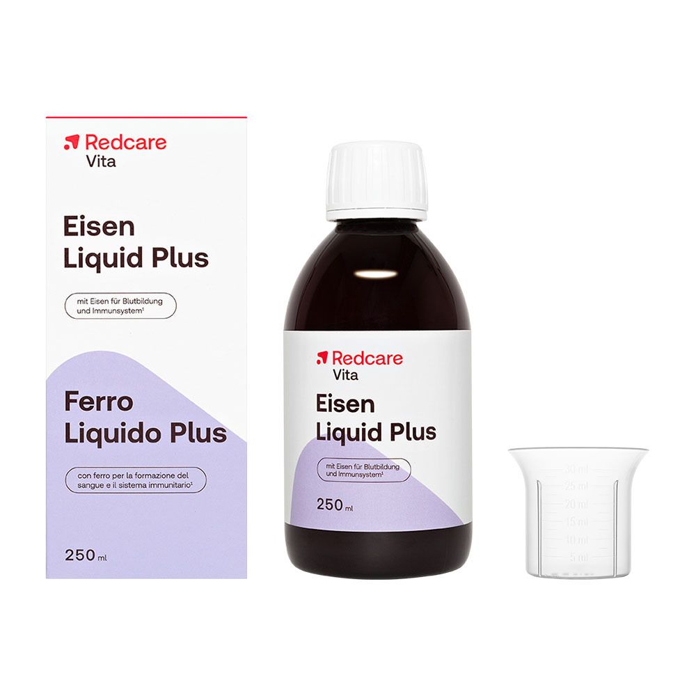 Bouteille, carton et gobelet doseur Redcare Eisen Liquid Plus.