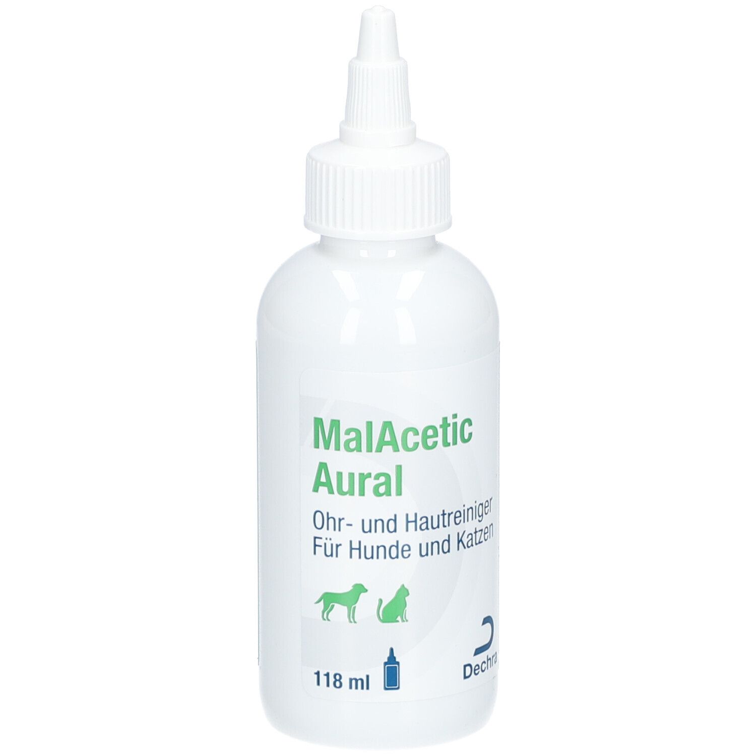 Flacon blanc MalAcetic Aural Nettoyant auriculaire et cutané pour chiens et chats, 118 ml.