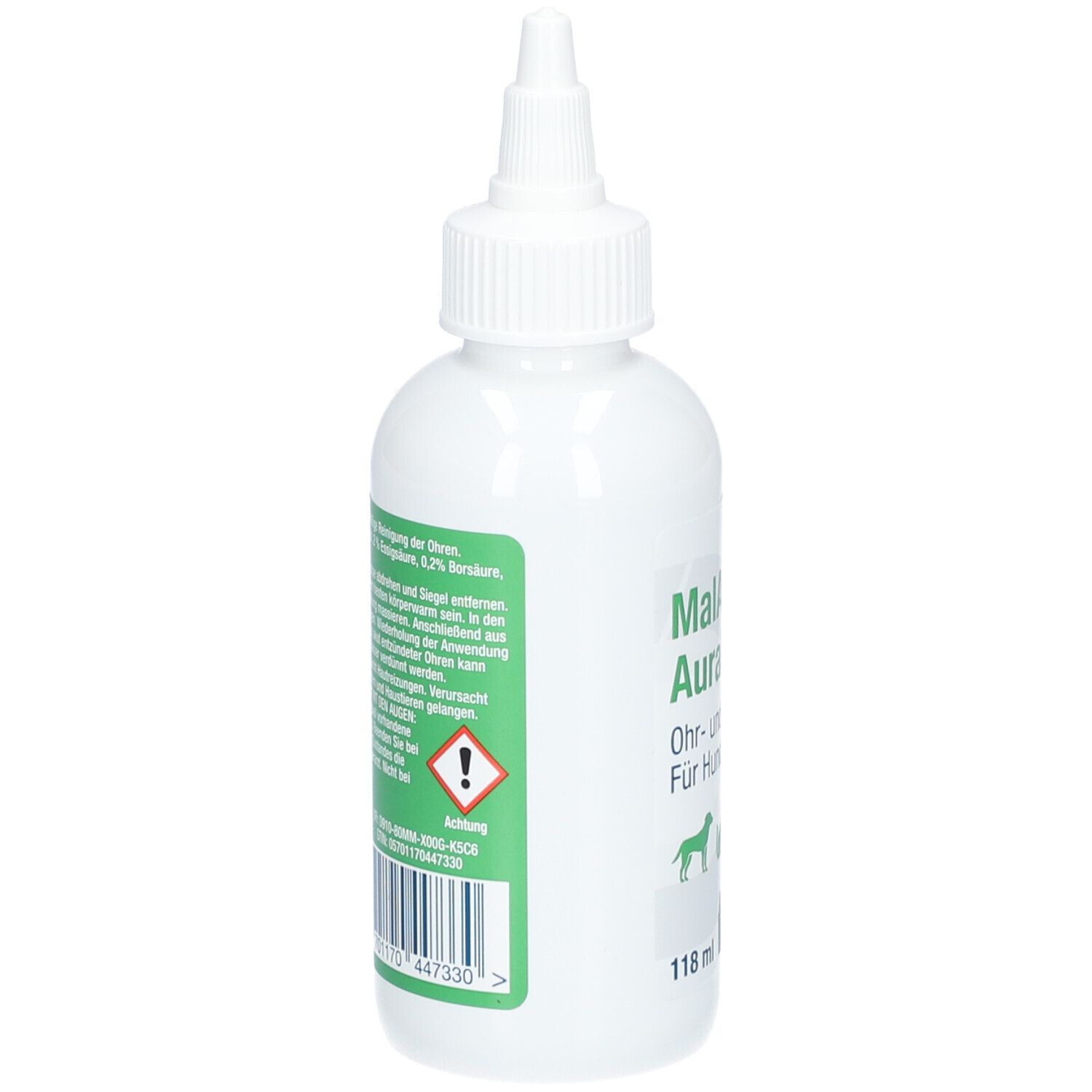 Rückseite der MalAcetic Aural Flasche mit Anwendungshinweisen und Warnsymbolen.