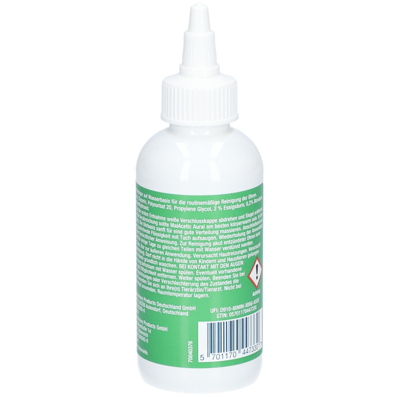 Detailansicht der Rückseite der MalAcetic Aural Flasche mit Barcode und Herstellerinformationen.