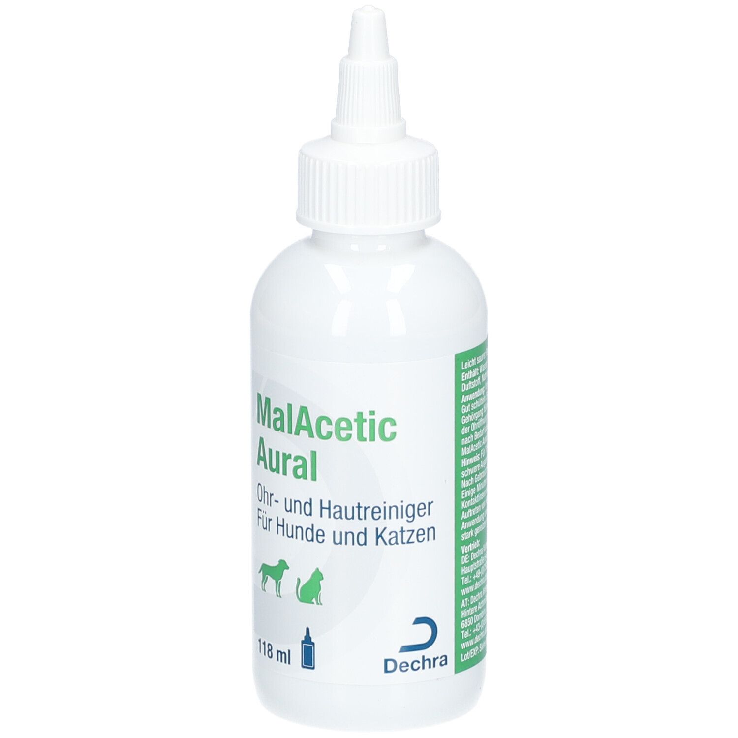 Weiße Flasche MalAcetic Aural Ohr- und Hautreiniger für Hunde und Katzen, 118 ml, Dechra Logo.