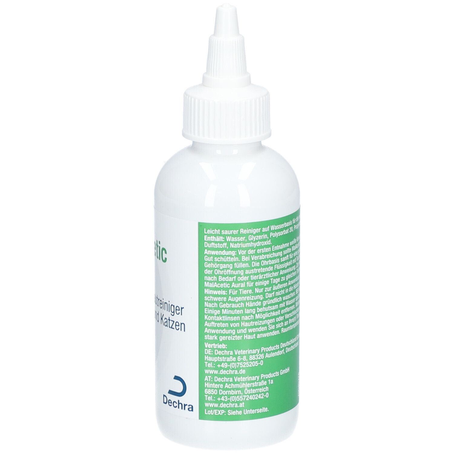 Arrière d'un flacon MalAcetic Aural avec instructions d'utilisation et informations du fabricant.