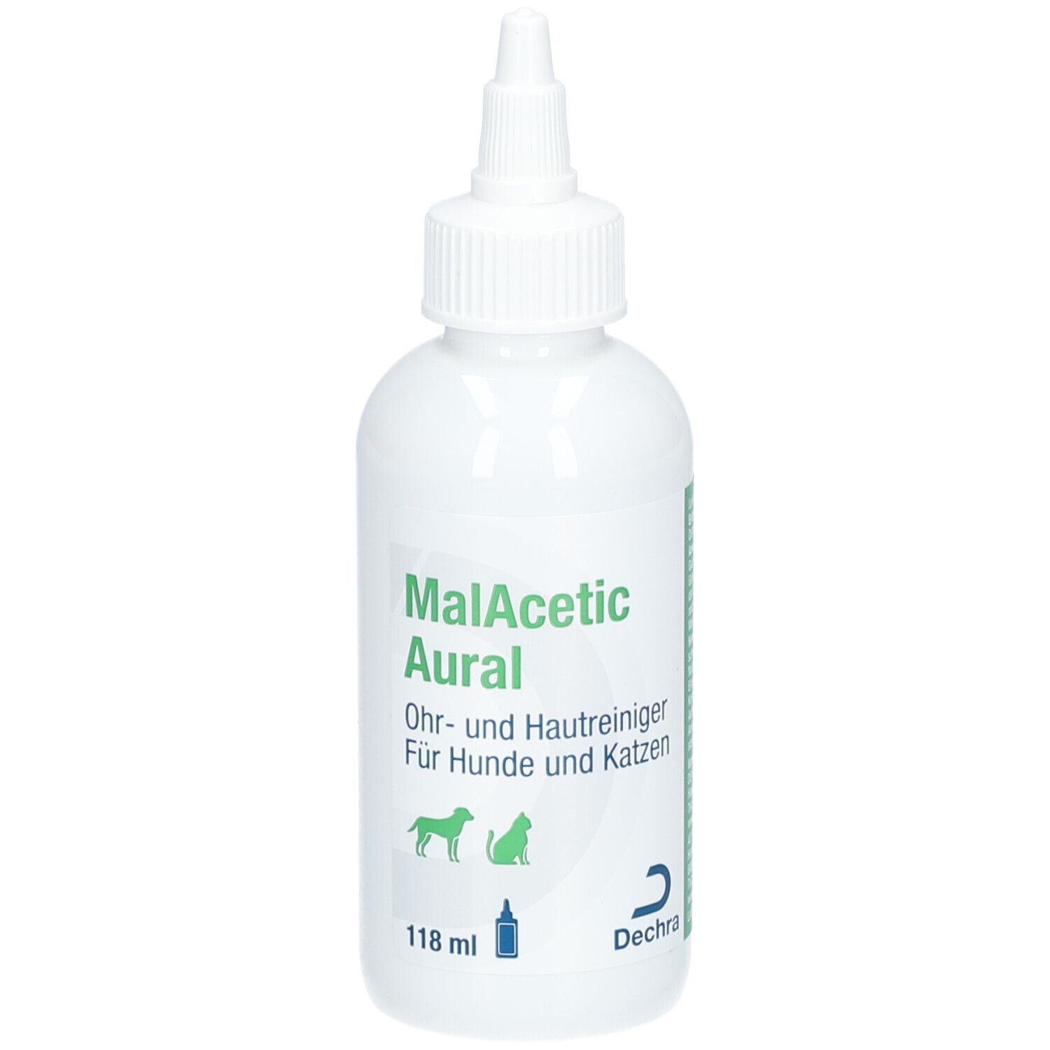 Flacon blanc MalAcetic Aural Nettoyant auriculaire et cutané pour chiens et chats, 118 ml.