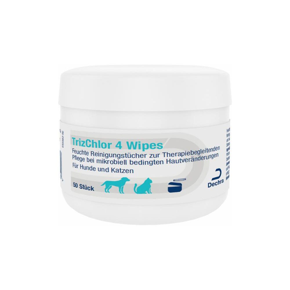 Boîte blanche avec inscription TrizChlor 4 Wipes. Lingettes humides pour chiens et chats. 50 pièces. Logo Dechra.
